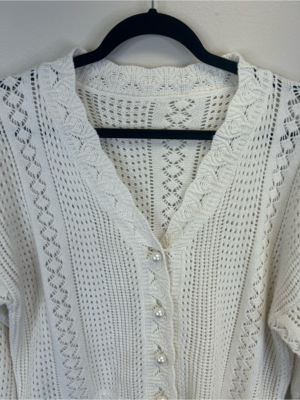 Cottagecore Feminine Size L Open Knit V-Neck Cardigan Sweater Pearl Buttons Boho - Picture 4 of 10